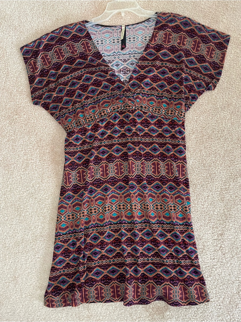 Espresso 1X Boho Geometric Print Dress Empire Waist Tie Back Stretch